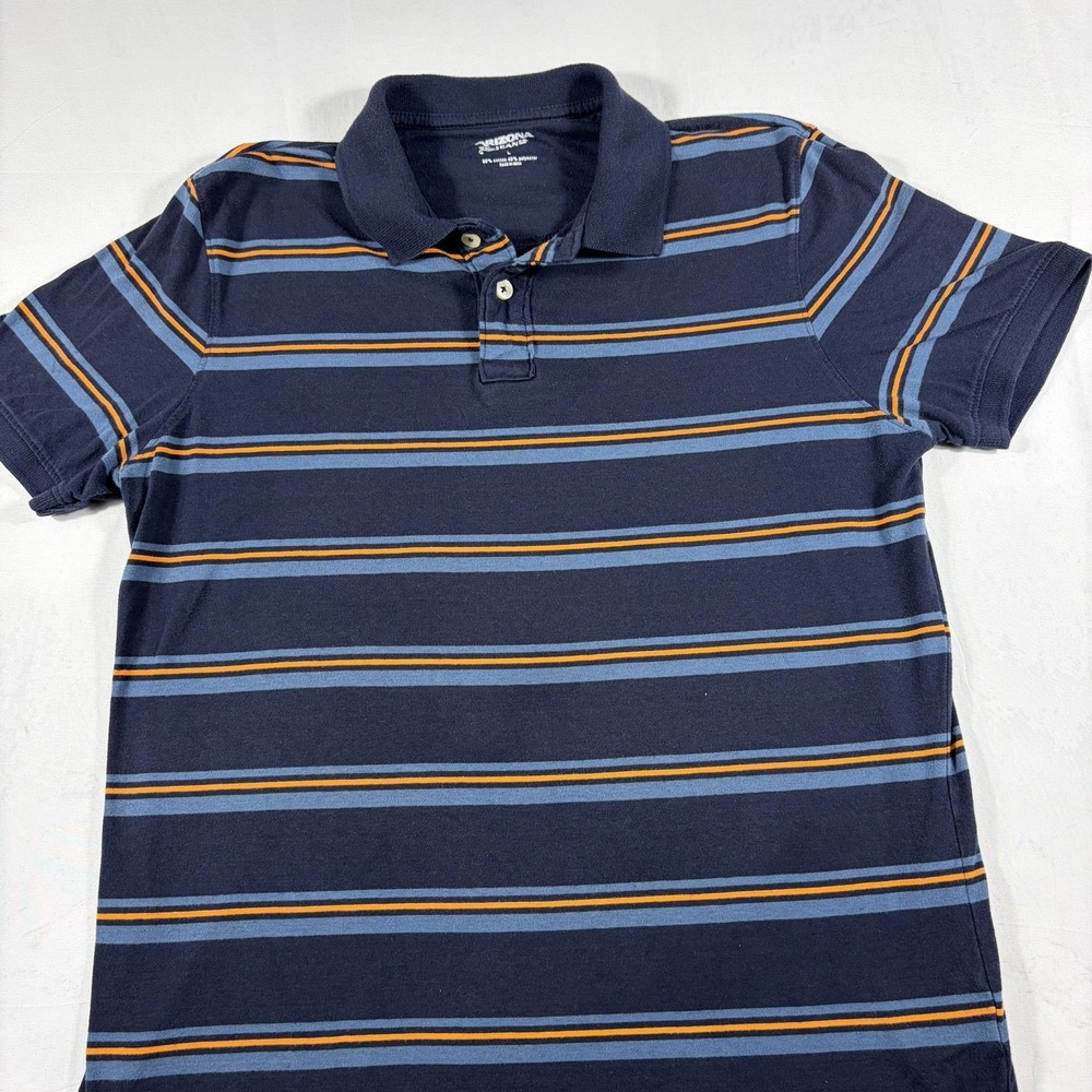 Arizona Jean Co Mens Polo Shirt Large Blue Orange Striped Short Sleeve Cotton